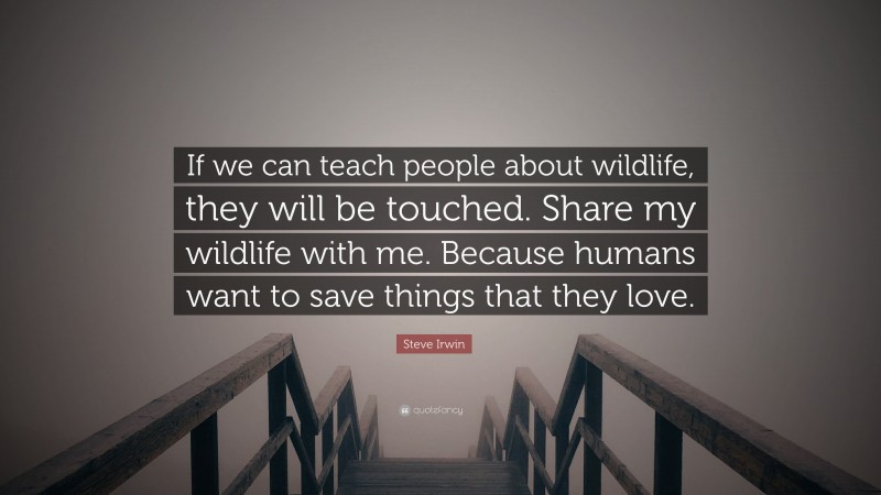 Steve Irwin Quote: “If we can teach people about wildlife, they will be touched. Share my wildlife with me. Because humans want to save things that they love.”