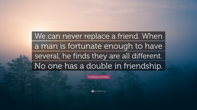 Friedrich Schiller Quote: “We can never replace a friend. When a man is fortunate enough to have several, he finds they are all different. No one has a double in friendship.”