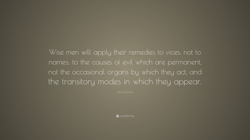 Edmund Burke Quote: “Wise men will apply their remedies to vices, not to names; to the causes of evil which are permanent, not the occasional organs by which they act, and the transitory modes in which they appear.”