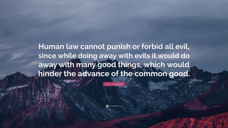 Saint Augustine Quote: “Human law cannot punish or forbid all evil, since while doing away with evils it would do away with many good things, which would hinder the advance of the common good.”