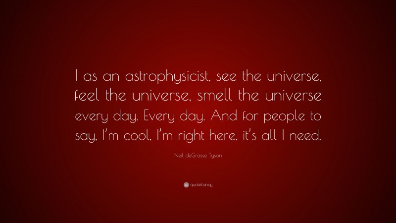 Neil deGrasse Tyson Quote: “I as an astrophysicist, see the universe, feel the universe, smell the universe every day. Every day. And for people to say, I’m cool, I’m right here, it’s all I need.”