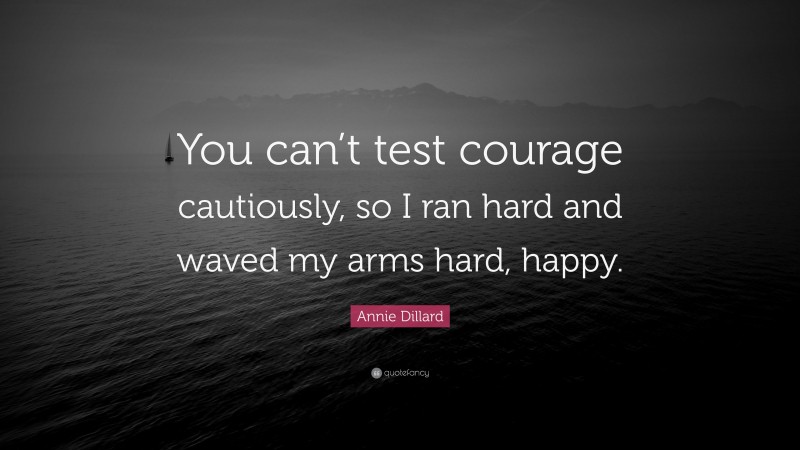 Annie Dillard Quote: “You can’t test courage cautiously, so I ran hard and waved my arms hard, happy.”