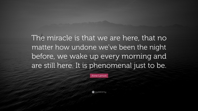 Anne Lamott Quote: “The miracle is that we are here, that no matter how undone we’ve been the night before, we wake up every morning and are still here. It is phenomenal just to be.”