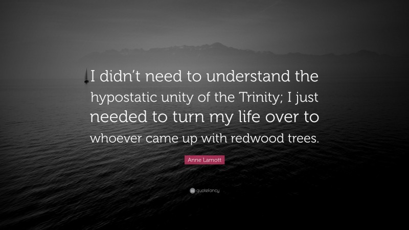 Anne Lamott Quote: “I didn’t need to understand the hypostatic unity of the Trinity; I just needed to turn my life over to whoever came up with redwood trees.”