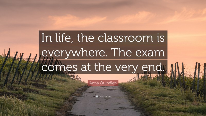 Anna Quindlen Quote: “In life, the classroom is everywhere. The exam comes at the very end.”
