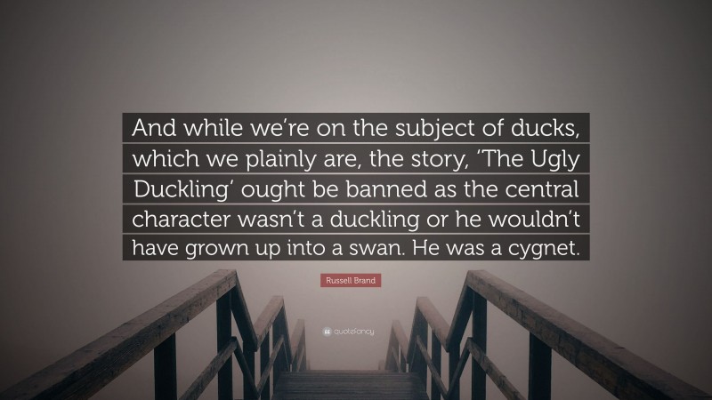Russell Brand Quote: “And while we’re on the subject of ducks, which we plainly are, the story, ‘The Ugly Duckling’ ought be banned as the central character wasn’t a duckling or he wouldn’t have grown up into a swan. He was a cygnet.”