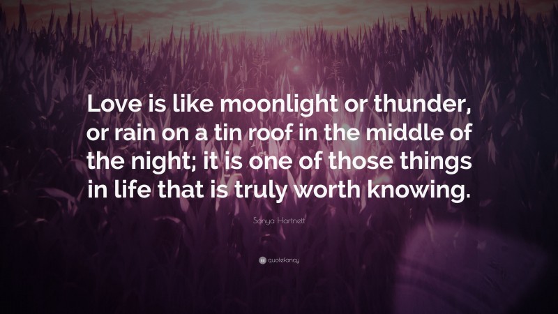Sonya Hartnett Quote: “Love is like moonlight or thunder, or rain on a tin roof in the middle of the night; it is one of those things in life that is truly worth knowing.”