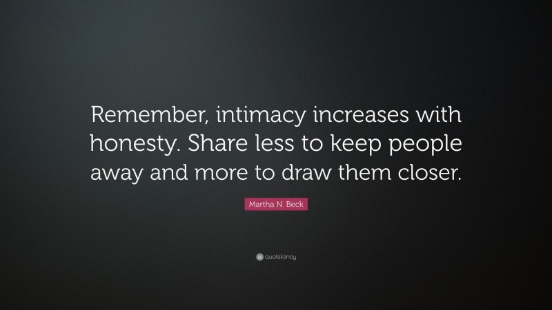 Martha N. Beck Quote: “Remember, intimacy increases with honesty. Share less to keep people away and more to draw them closer.”