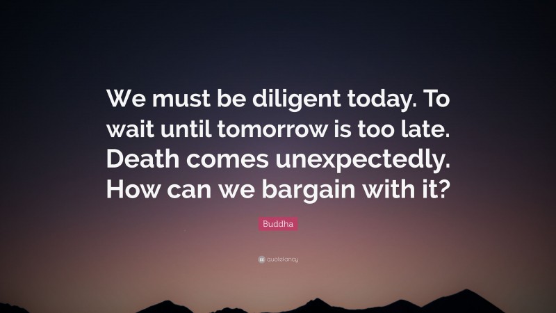 Buddha Quote: “We must be diligent today. To wait until tomorrow is too late. Death comes unexpectedly. How can we bargain with it?”