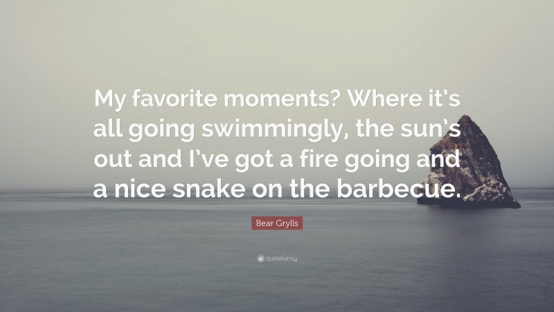Bear Grylls Quote: “My favorite moments? Where it’s all going swimmingly, the sun’s out and I’ve got a fire going and a nice snake on the barbecue.”