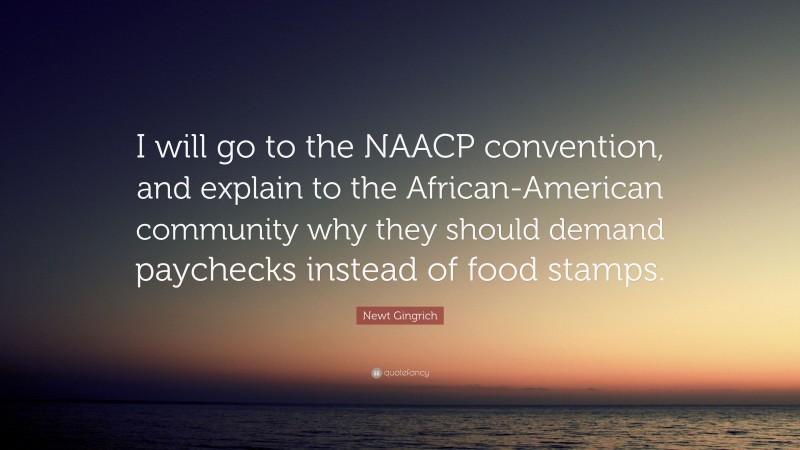 Newt Gingrich Quote: “I will go to the NAACP convention, and explain to the African-American community why they should demand paychecks instead of food stamps.”
