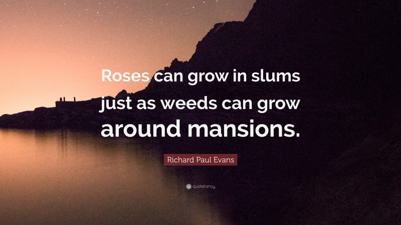 Richard Paul Evans Quote: “Roses can grow in slums just as weeds can grow around mansions.”