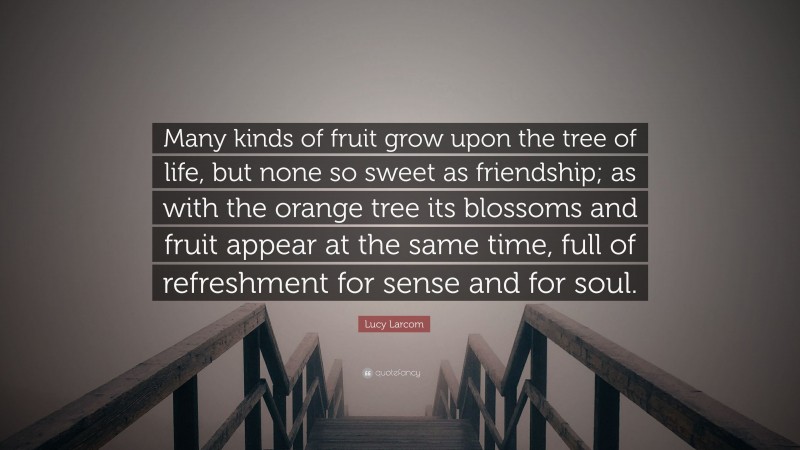 Lucy Larcom Quote: “Many kinds of fruit grow upon the tree of life, but none so sweet as friendship; as with the orange tree its blossoms and fruit appear at the same time, full of refreshment for sense and for soul.”