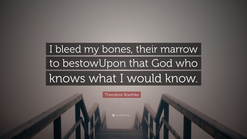 Theodore Roethke Quote: “I bleed my bones, their marrow to bestowUpon that God who knows what I would know.”