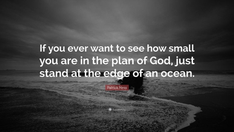 Patrick Ness Quote: “If you ever want to see how small you are in the plan of God, just stand at the edge of an ocean.”