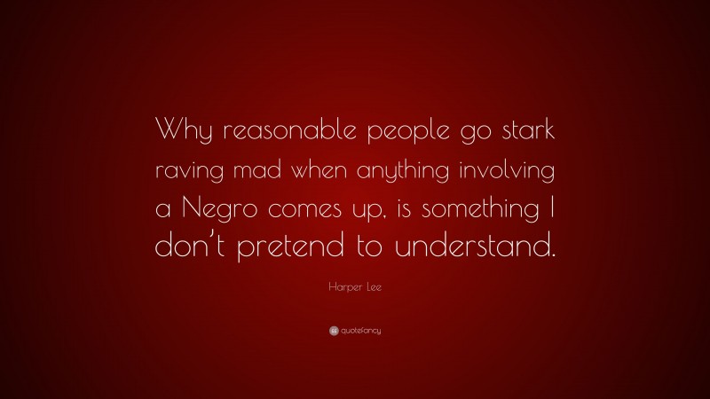 Harper Lee Quote: “Why reasonable people go stark raving mad when anything involving a Negro comes up, is something I don’t pretend to understand.”