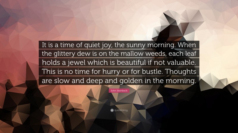 John Steinbeck Quote: “It is a time of quiet joy, the sunny morning. When the glittery dew is on the mallow weeds, each leaf holds a jewel which is beautiful if not valuable. This is no time for hurry or for bustle. Thoughts are slow and deep and golden in the morning.”