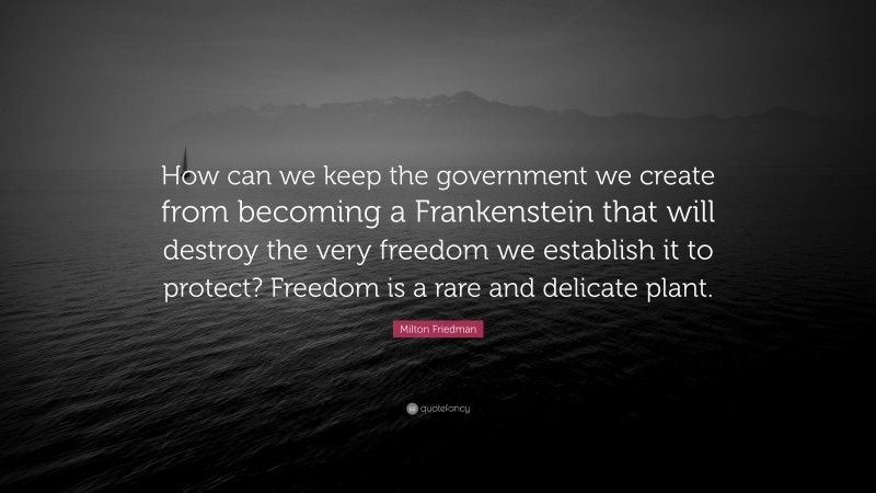 Milton Friedman Quote: “How can we keep the government we create from becoming a Frankenstein that will destroy the very freedom we establish it to protect? Freedom is a rare and delicate plant.”
