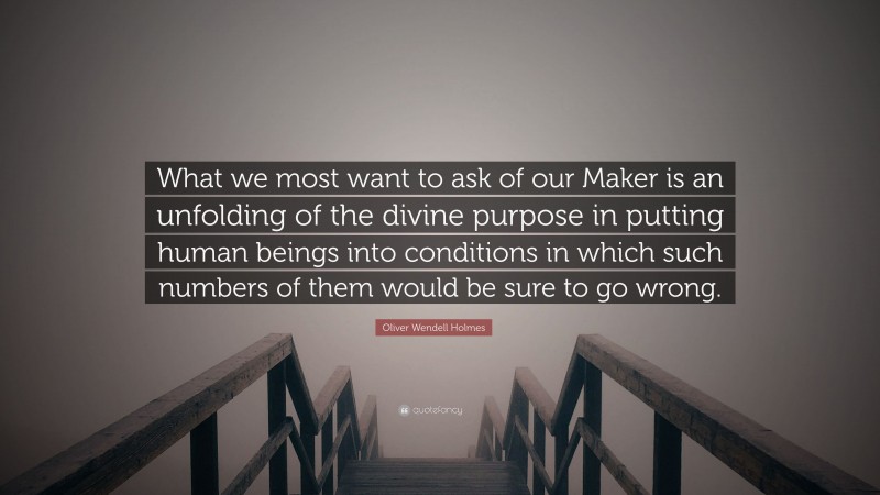 Oliver Wendell Holmes Quote: “What we most want to ask of our Maker is an unfolding of the divine purpose in putting human beings into conditions in which such numbers of them would be sure to go wrong.”