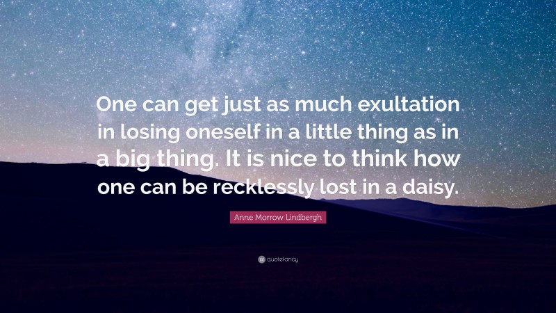 Anne Morrow Lindbergh Quote: “One can get just as much exultation in losing oneself in a little thing as in a big thing. It is nice to think how one can be recklessly lost in a daisy.”
