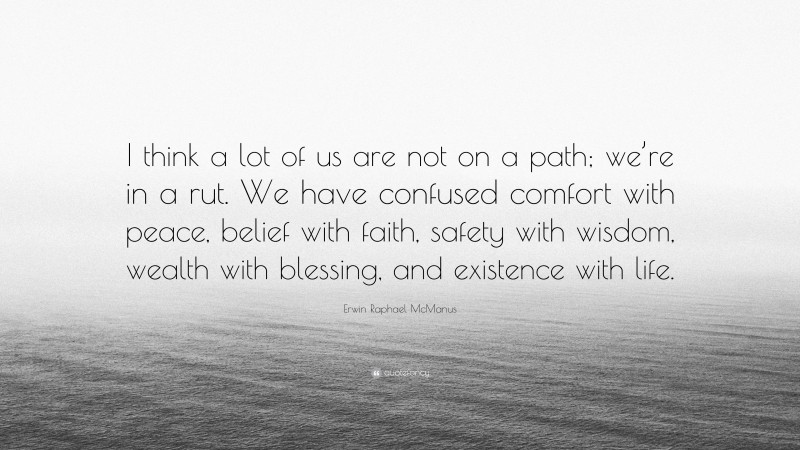 Erwin Raphael McManus Quote: “I think a lot of us are not on a path; we’re in a rut. We have confused comfort with peace, belief with faith, safety with wisdom, wealth with blessing, and existence with life.”