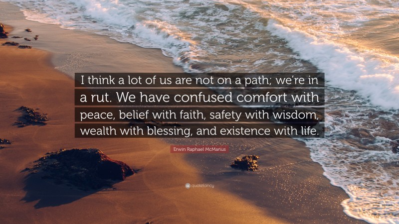 Erwin Raphael McManus Quote: “I think a lot of us are not on a path; we’re in a rut. We have confused comfort with peace, belief with faith, safety with wisdom, wealth with blessing, and existence with life.”