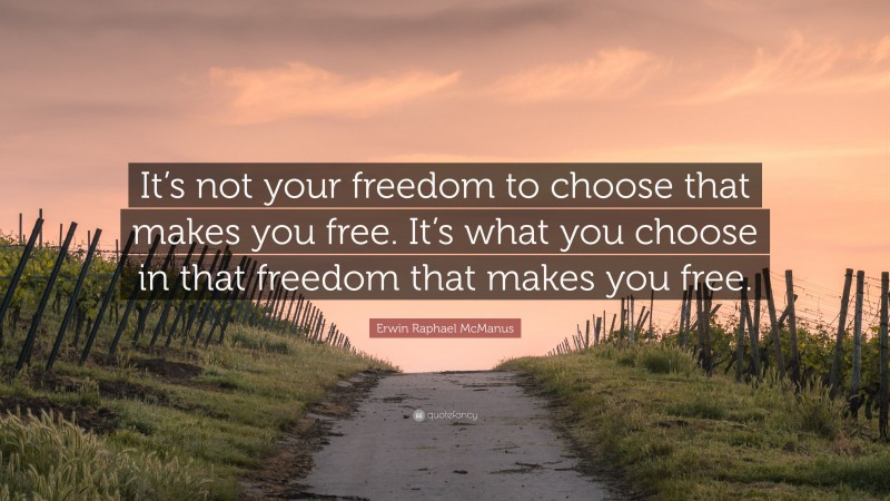 Erwin Raphael McManus Quote: “It’s not your freedom to choose that makes you free. It’s what you choose in that freedom that makes you free.”