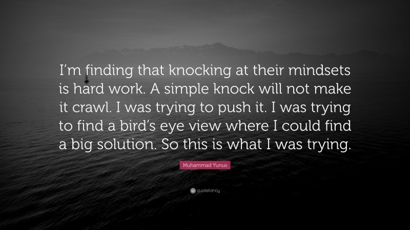 Muhammad Yunus Quote: “I’m finding that knocking at their mindsets is hard work. A simple knock will not make it crawl. I was trying to push it. I was trying to find a bird’s eye view where I could find a big solution. So this is what I was trying.”
