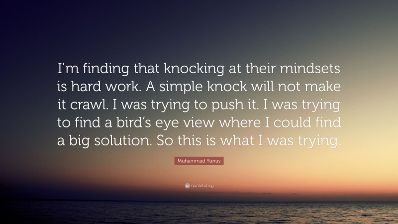 Muhammad Yunus Quote: “I’m finding that knocking at their mindsets is hard work. A simple knock will not make it crawl. I was trying to push it. I was trying to find a bird’s eye view where I could find a big solution. So this is what I was trying.”