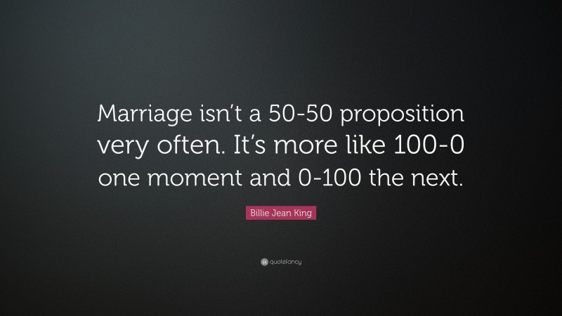 Billie Jean King Quote: “Marriage isn’t a 50-50 proposition very often. It’s more like 100-0 one moment and 0-100 the next.”