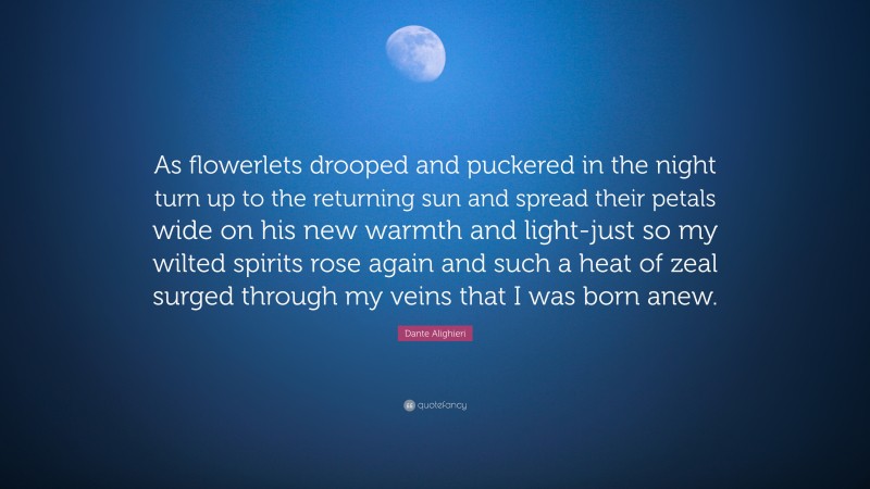 Dante Alighieri Quote: “As flowerlets drooped and puckered in the night turn up to the returning sun and spread their petals wide on his new warmth and light-just so my wilted spirits rose again and such a heat of zeal surged through my veins that I was born anew.”