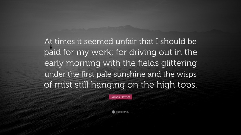 James Herriot Quote: “At times it seemed unfair that I should be paid for my work; for driving out in the early morning with the fields glittering under the first pale sunshine and the wisps of mist still hanging on the high tops.”
