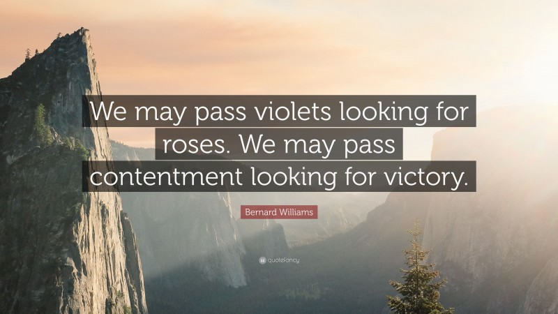 Bernard Williams Quote: “We may pass violets looking for roses. We may pass contentment looking for victory.”