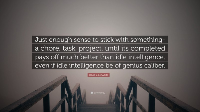 David J. Schwartz Quote: “Just enough sense to stick with something-a chore, task, project, until its completed pays off much better than idle intelligence, even if idle intelligence be of genius caliber.”