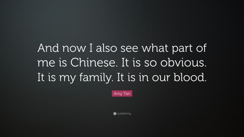Amy Tan Quote: “And now I also see what part of me is Chinese. It is so obvious. It is my family. It is in our blood.”