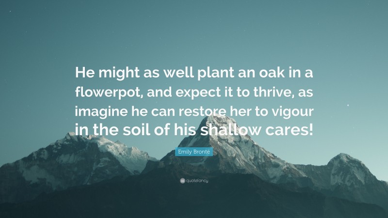 Emily Brontë Quote: “He might as well plant an oak in a flowerpot, and expect it to thrive, as imagine he can restore her to vigour in the soil of his shallow cares!”