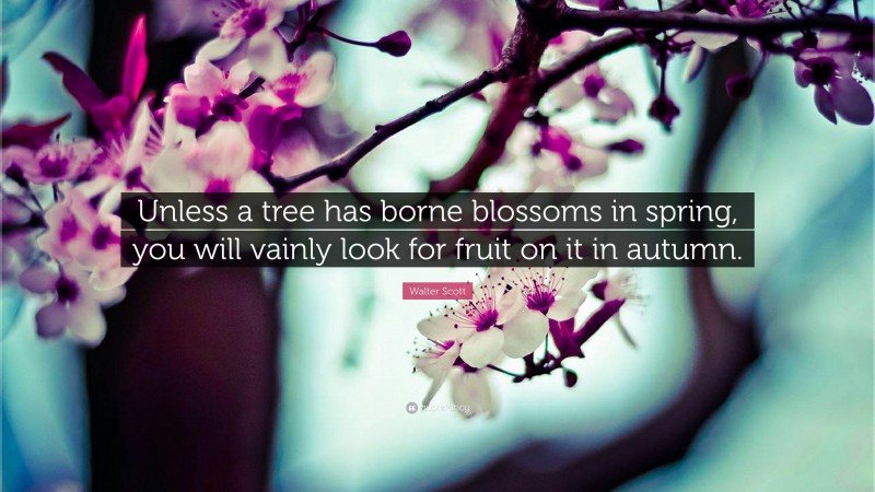 Walter Scott Quote: “Unless a tree has borne blossoms in spring, you will vainly look for fruit on it in autumn.”