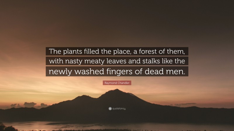 Raymond Chandler Quote: “The plants filled the place, a forest of them, with nasty meaty leaves and stalks like the newly washed fingers of dead men.”