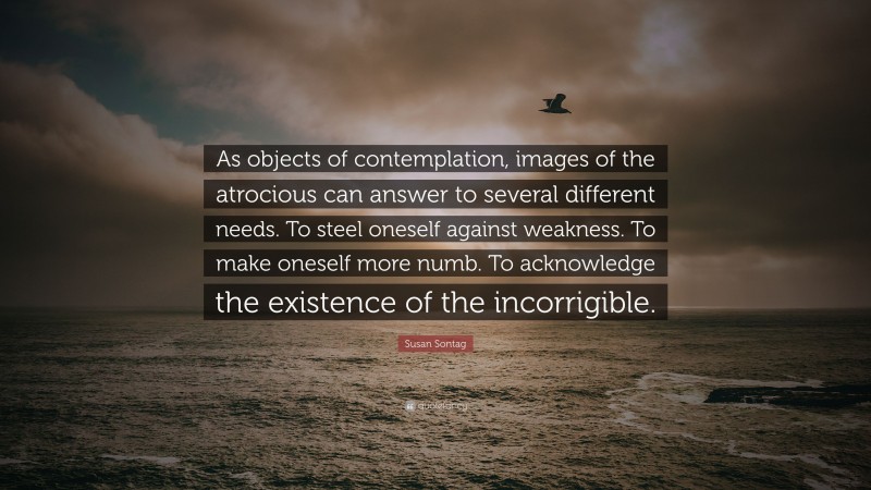 Susan Sontag Quote: “As objects of contemplation, images of the atrocious can answer to several different needs. To steel oneself against weakness. To make oneself more numb. To acknowledge the existence of the incorrigible.”