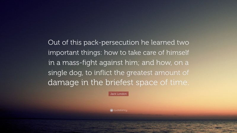 Jack London Quote: “Out of this pack-persecution he learned two important things: how to take care of himself in a mass-fight against him; and how, on a single dog, to inflict the greatest amount of damage in the briefest space of time.”