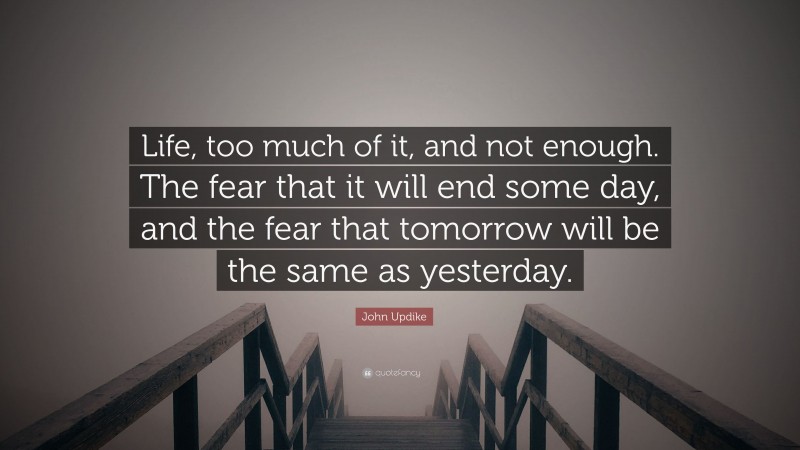 John Updike Quote: “Life, too much of it, and not enough. The fear that it will end some day, and the fear that tomorrow will be the same as yesterday.”