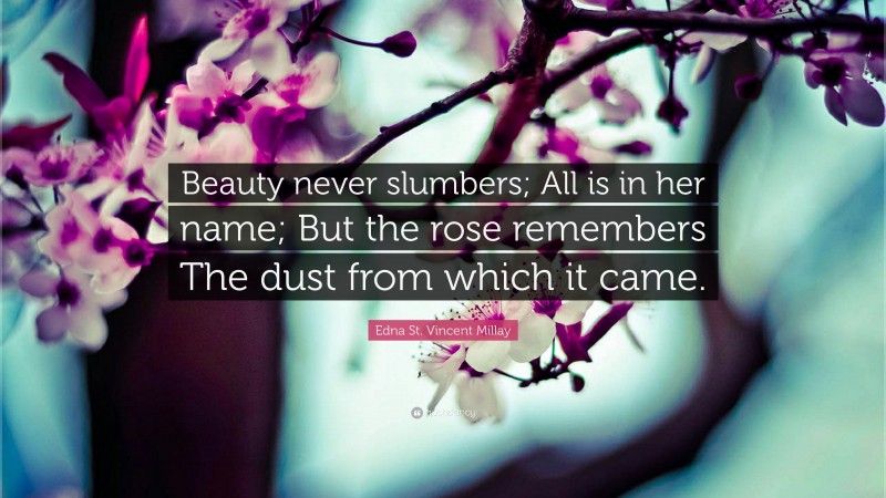Edna St. Vincent Millay Quote: “Beauty never slumbers; All is in her name; But the rose remembers The dust from which it came.”