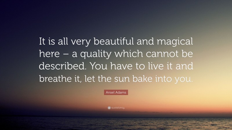 Ansel Adams Quote: “It is all very beautiful and magical here – a quality which cannot be described. You have to live it and breathe it, let the sun bake into you.”