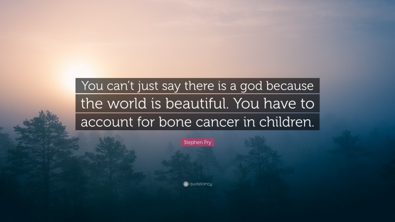 Stephen Fry Quote: “You can’t just say there is a god because the world is beautiful. You have to account for bone cancer in children.”