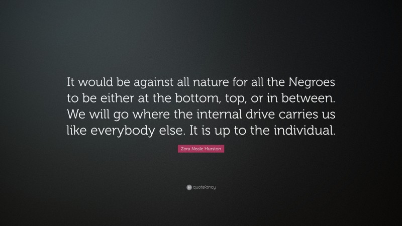 Zora Neale Hurston Quote: “It would be against all nature for all the Negroes to be either at the bottom, top, or in between. We will go where the internal drive carries us like everybody else. It is up to the individual.”