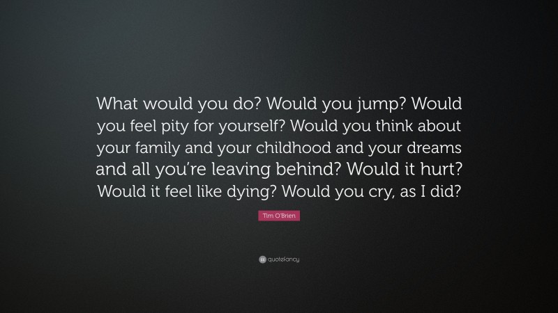 Tim O'Brien Quote: “What would you do? Would you jump? Would you feel pity for yourself? Would you think about your family and your childhood and your dreams and all you’re leaving behind? Would it hurt? Would it feel like dying? Would you cry, as I did?”