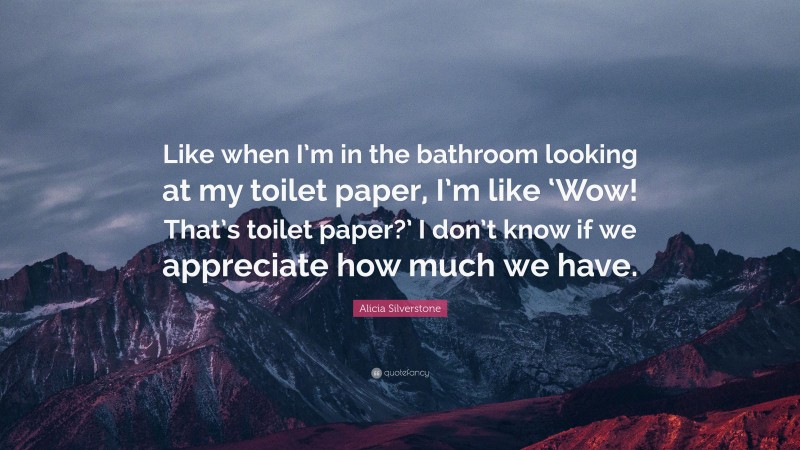 Alicia Silverstone Quote: “Like when I’m in the bathroom looking at my toilet paper, I’m like ‘Wow! That’s toilet paper?’ I don’t know if we appreciate how much we have.”