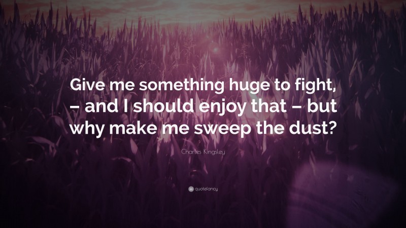 Charles Kingsley Quote: “Give me something huge to fight, – and I should enjoy that – but why make me sweep the dust?”