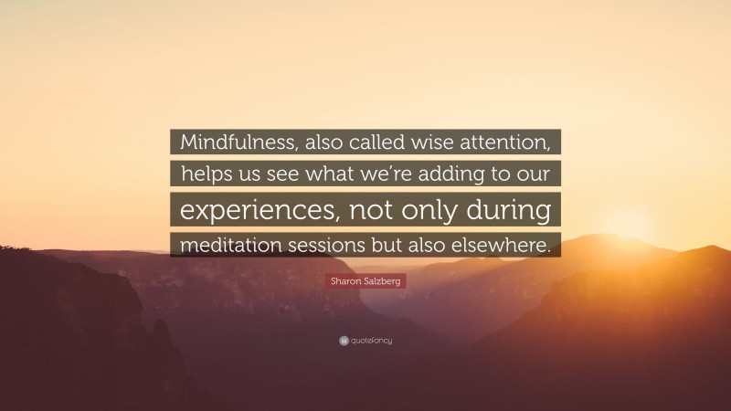 Sharon Salzberg Quote: “Mindfulness, also called wise attention, helps us see what we’re adding to our experiences, not only during meditation sessions but also elsewhere.”