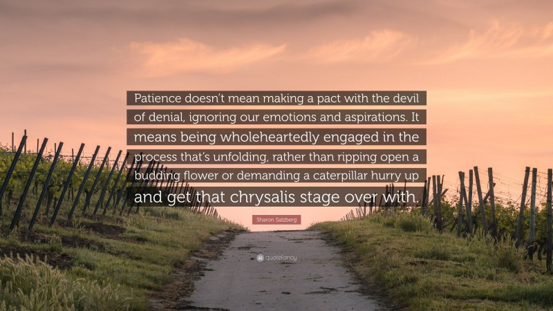 Sharon Salzberg Quote: “Patience doesn’t mean making a pact with the devil of denial, ignoring our emotions and aspirations. It means being wholeheartedly engaged in the process that’s unfolding, rather than ripping open a budding flower or demanding a caterpillar hurry up and get that chrysalis stage over with.”